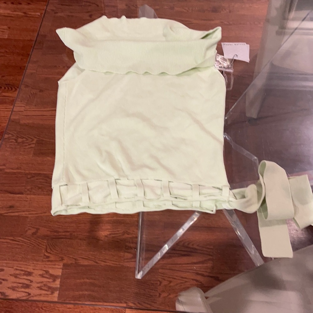 Jillian Jones off shoulder mint green tie cut out bottom sweater NWT
